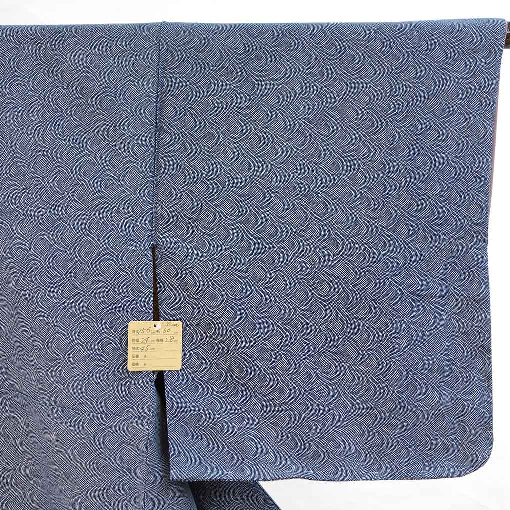 小紋 リサイクル着物 身丈156cm 裄60cm 前幅24cm 後幅28cm 袖丈45cm 袖幅32cm レディース 袷 鮫小紋 裄SS-Sサイズ 秋冬春用 正絹（シルク）ブルー やや難 リメイク リユース【ランクB】