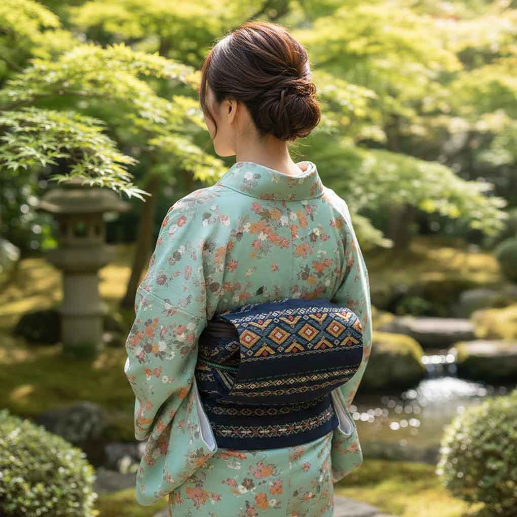 名古屋帯 リサイクル帯 幅28cm 長さ350cm レディース 横段柄 秋冬春用 正絹（シルク）ネイビー 美品 リメイク リユース【ランクA】
