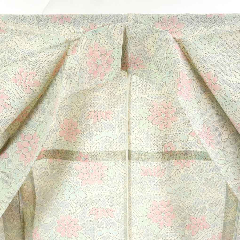 リサイクル 紬 着物 身丈155cm 裄62.6cm 前幅23cm 後幅29cm 袖丈57cm 袖幅32.5cm レディース 花柄 夏用 正絹(シルク)白地 美品 リサイクル リメイク リユース【ランクA】