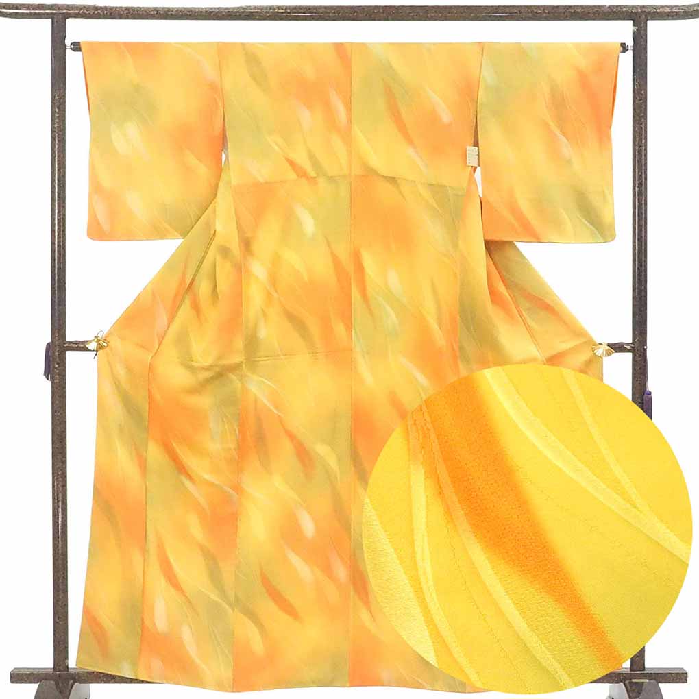 小紋 リサイクル着物 身丈164cm 裄65cm 前幅24cm 後幅29cm 袖丈50cm 袖幅32cm レディース 袷 ぼかし 裄Mサイズ 秋冬春用 正絹（シルク）イエロー トールサイズ 美品 リメイク リユース【ランクA】