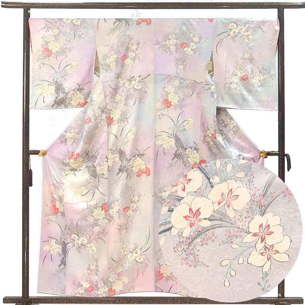 小紋 リサイクル着物 身丈158cm 裄70cm 前幅24cm 後幅28cm 袖丈52cm 袖幅35cm レディース 袷 花柄 裄長 裄L-LLサイズ 秋冬春用 正絹（シルク）ピンク 美品 リメイク リユース【ランクA】