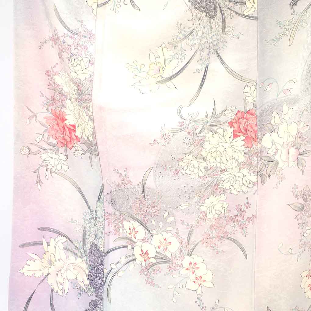 小紋 リサイクル着物 身丈158cm 裄70cm 前幅24cm 後幅28cm 袖丈52cm 袖幅35cm レディース 袷 花柄 裄長 裄L-LLサイズ 秋冬春用 正絹（シルク）ピンク 美品 リメイク リユース【ランクA】