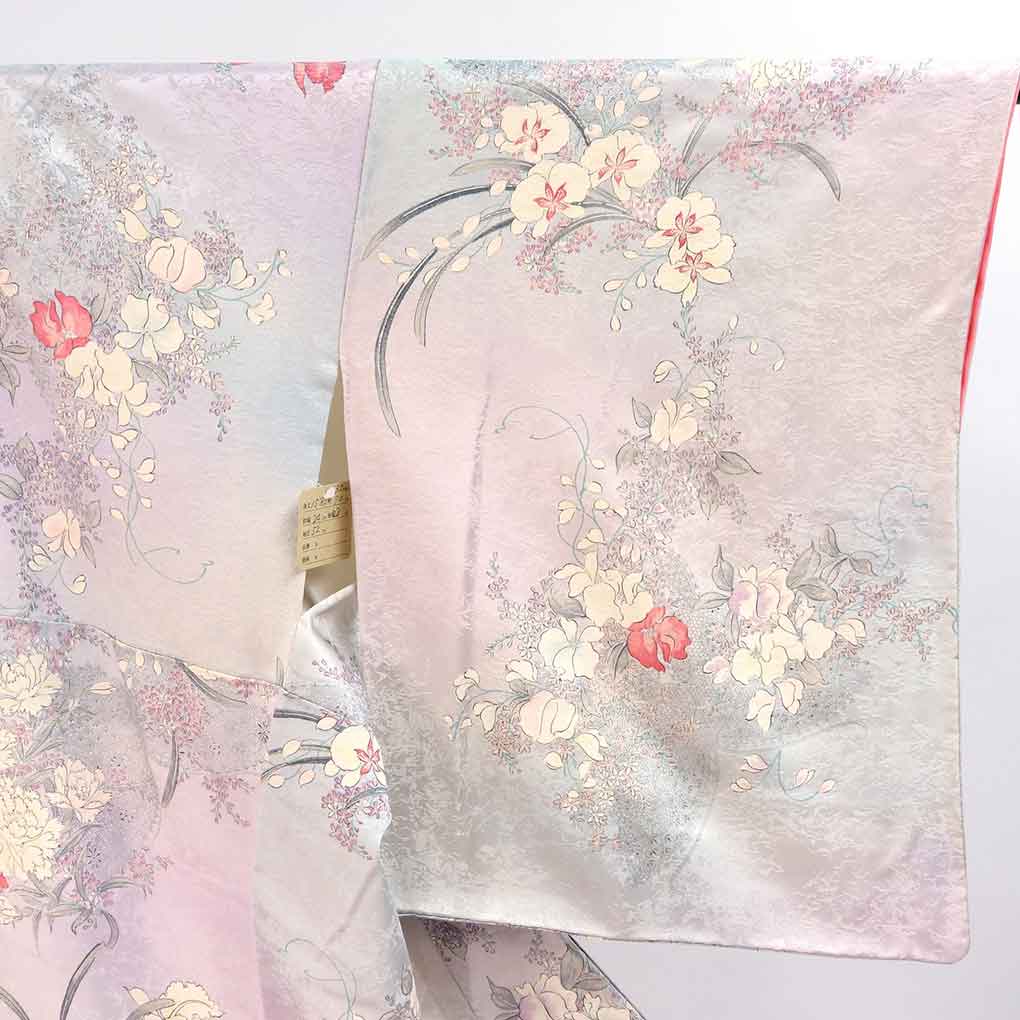 小紋 リサイクル着物 身丈158cm 裄70cm 前幅24cm 後幅28cm 袖丈52cm 袖幅35cm レディース 袷 花柄 裄長 裄L-LLサイズ 秋冬春用 正絹（シルク）ピンク 美品 リメイク リユース【ランクA】