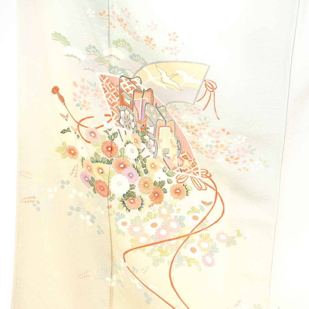 訪問着 リサイクル着物 身丈165cm 裄66cm 前幅24cm 後幅29cm 袖丈55cm 袖幅34cm レディース 袷 扇面 裄長 裄M-Lサイズ 秋冬春用 正絹(シルク)ブルー トールサイズ 未使用品 リメイク リユース【ランクS】