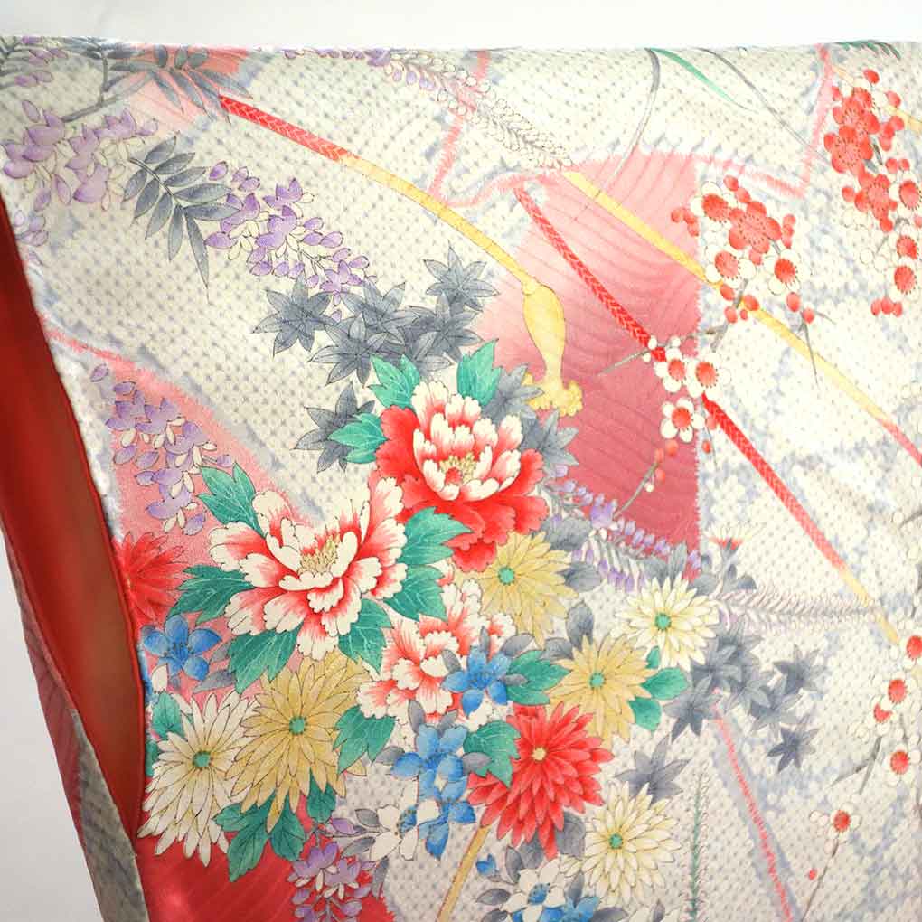 振袖 リサイクル着物 身丈155cm 裄66cm 前幅25cm 後幅28cm 袖丈104cm 袖幅33cm レディース 袷 花柄 裄長 裄M-Lサイズ 秋冬春用 正絹(シルク)ピンク 美品 リメイク リユース【ランクA】