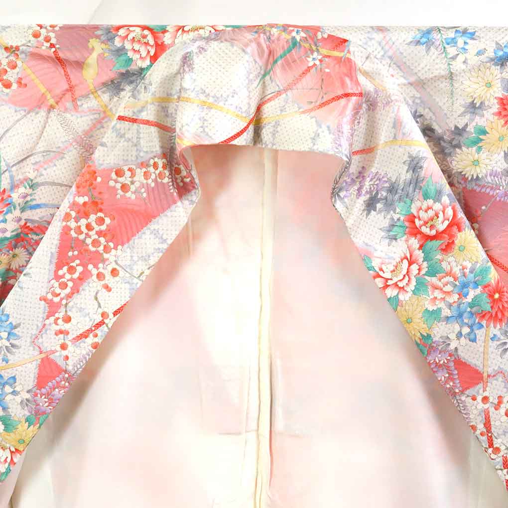 振袖 リサイクル着物 身丈155cm 裄66cm 前幅25cm 後幅28cm 袖丈104cm 袖幅33cm レディース 袷 花柄 裄長 裄M-Lサイズ 秋冬春用 正絹(シルク)ピンク 美品 リメイク リユース【ランクA】