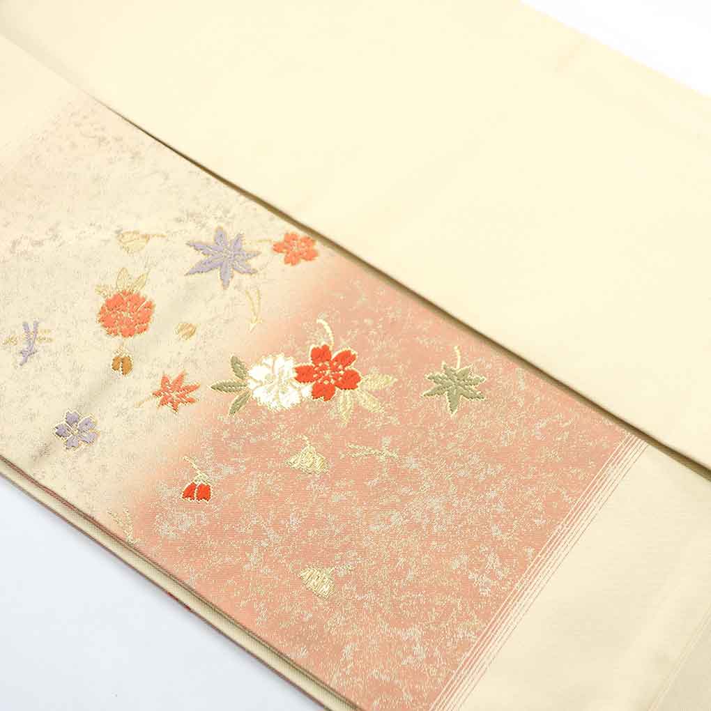 名古屋帯 リサイクル帯 幅30.5cm 長さ359cm レディース 花柄 秋冬春用 正絹(シルク)ベージュ 未使用品 リメイク リユース【ランクS】