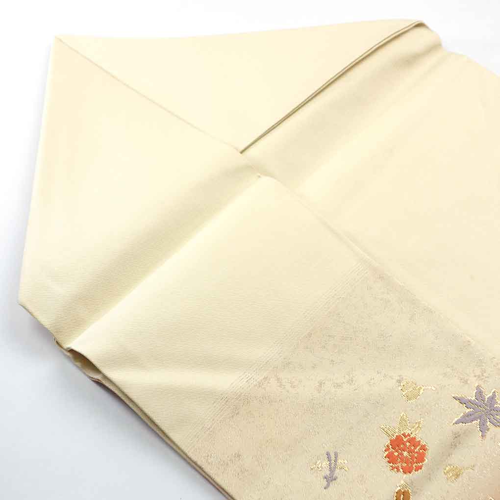名古屋帯 リサイクル帯 幅30.5cm 長さ359cm レディース 花柄 秋冬春用 正絹(シルク)ベージュ 未使用品 リメイク リユース【ランクS】