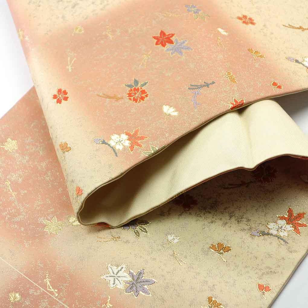名古屋帯 リサイクル帯 幅30.5cm 長さ359cm レディース 花柄 秋冬春用 正絹(シルク)ベージュ 未使用品 リメイク リユース【ランクS】