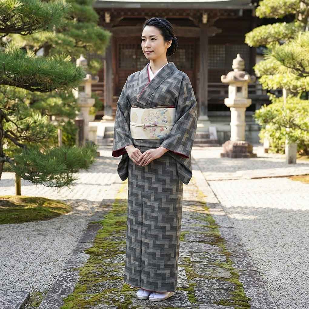 紬 リサイクル着物 身丈165cm 裄65cm 前幅24.5cm 後幅30cm 袖丈49cm 袖幅32.5cm レディース 袷 抽象柄 裄Mサイズ 秋冬春用 正絹（シルク）グレー トールサイズ 未使用品 リメイク リユース【ランクS】