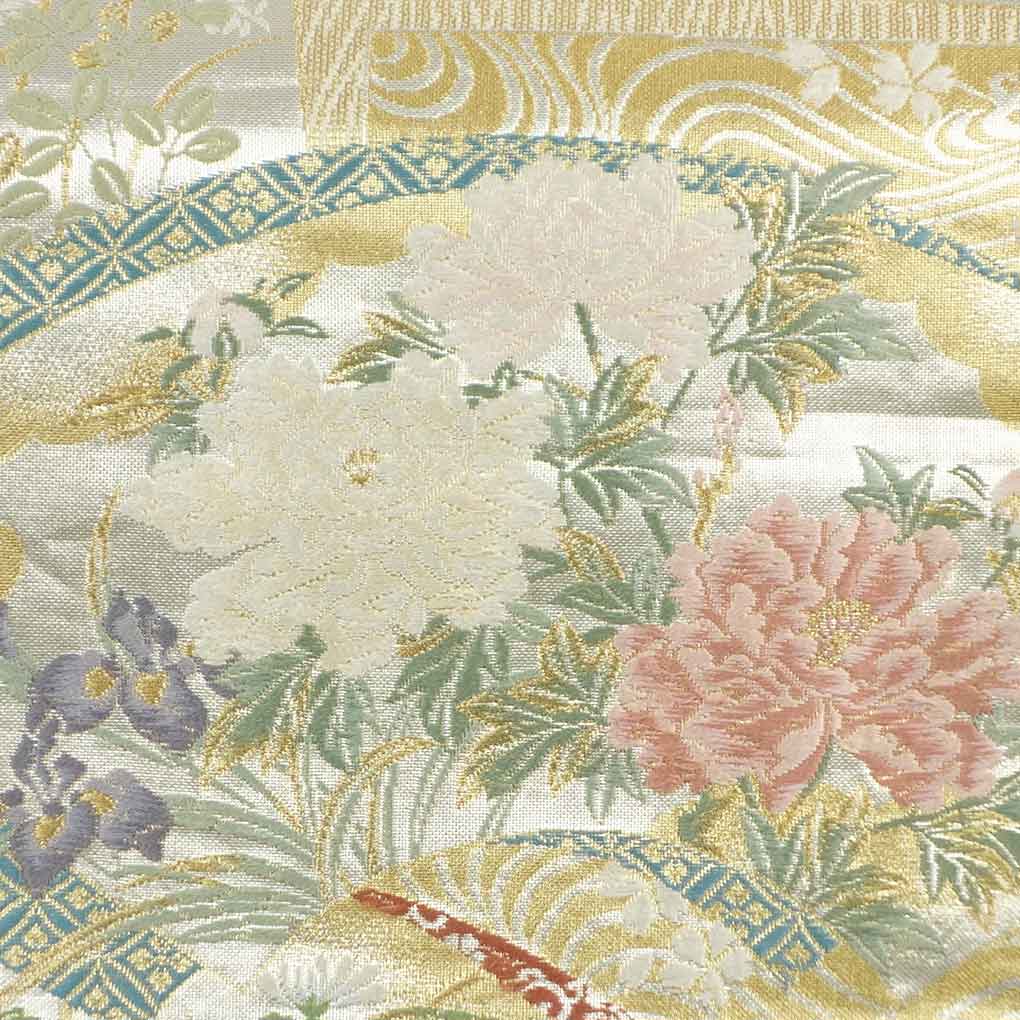 袋帯 リサイクル帯 幅30.5cm 長さ433cm レディース 扇面 秋冬春用 正絹(シルク)ゴールド 美品 リメイク リユース【ランクA】