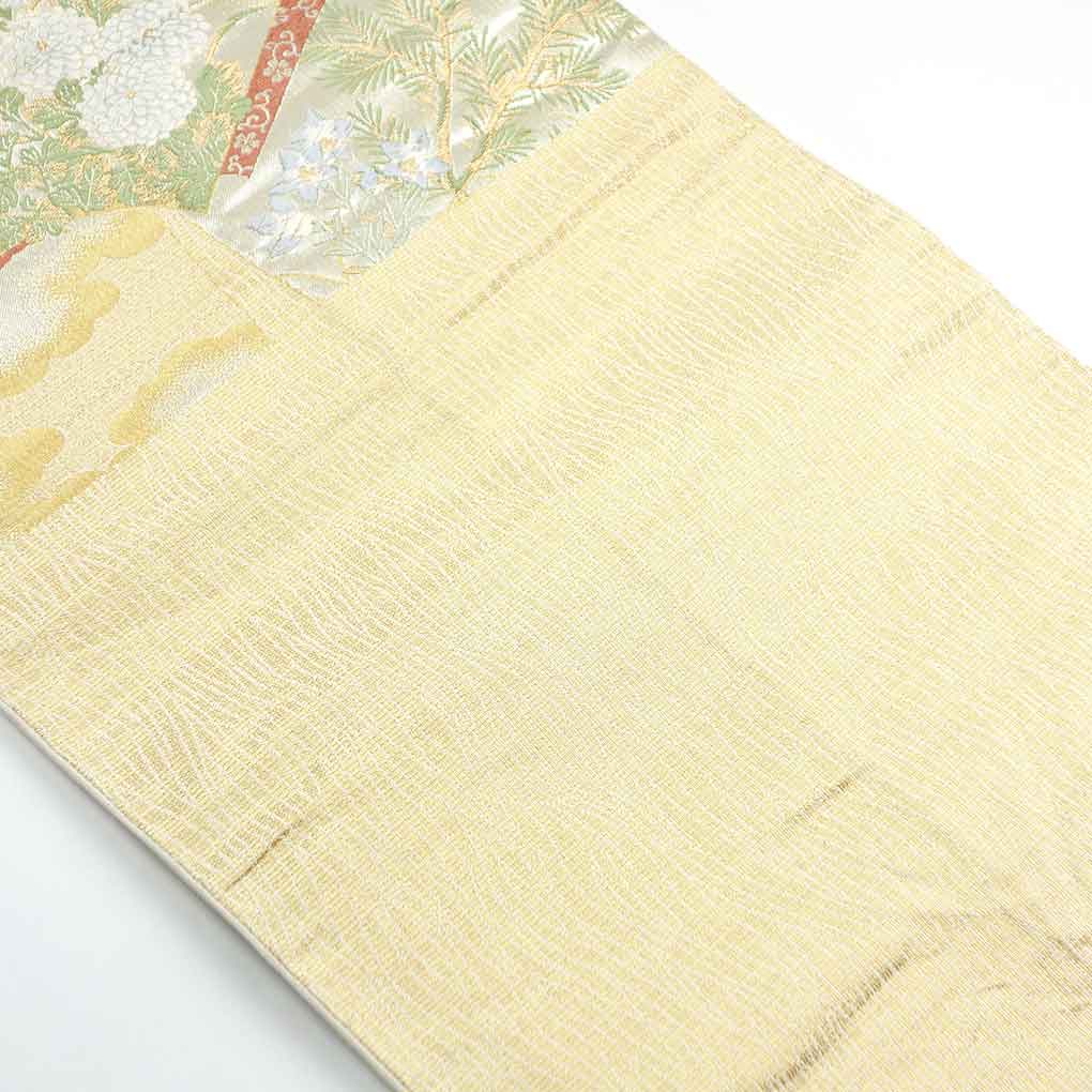 袋帯 リサイクル帯 幅30.5cm 長さ433cm レディース 扇面 秋冬春用 正絹(シルク)ゴールド 美品 リメイク リユース【ランクA】