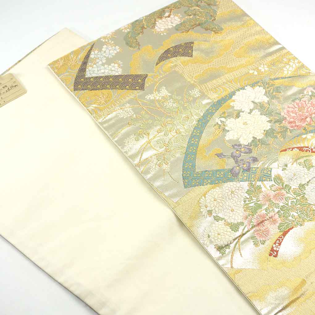 袋帯 リサイクル帯 幅30.5cm 長さ433cm レディース 扇面 秋冬春用 正絹(シルク)ゴールド 美品 リメイク リユース【ランクA】