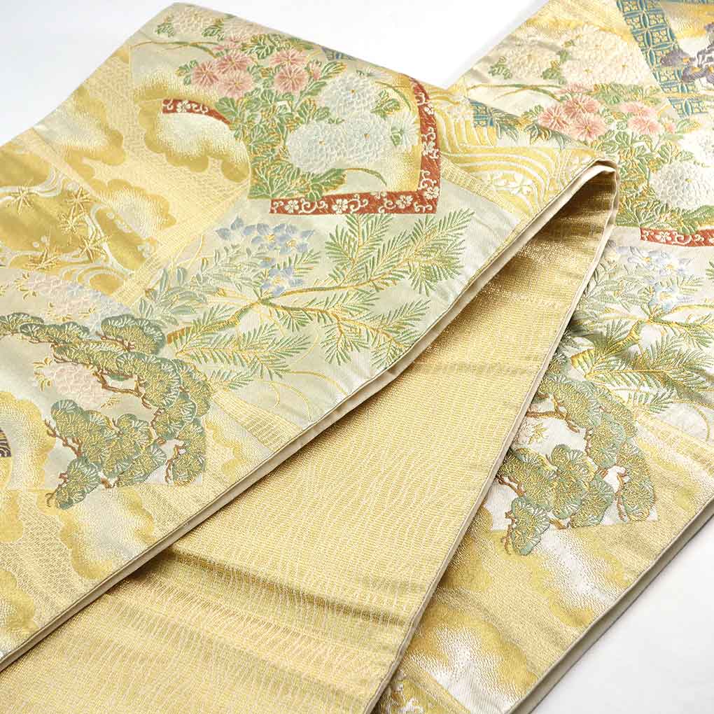 袋帯 リサイクル帯 幅30.5cm 長さ433cm レディース 扇面 秋冬春用 正絹(シルク)ゴールド 美品 リメイク リユース【ランクA】