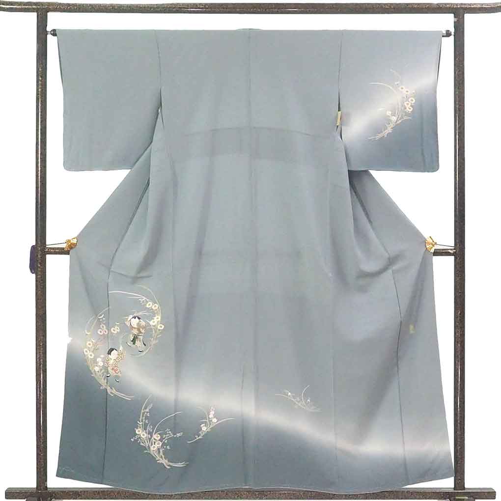 訪問着 リサイクル着物 身丈158cm 裄64cm 前幅24cm 後幅30cm 袖丈49cm 袖幅33cm レディース 袷 童 裄Mサイズ 秋冬春用 正絹（シルク）ブルー 未使用品 リメイク リユース【ランクS】