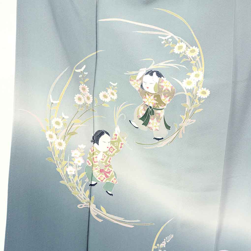 訪問着 リサイクル着物 身丈158cm 裄64cm 前幅24cm 後幅30cm 袖丈49cm 袖幅33cm レディース 袷 童 裄Mサイズ 秋冬春用 正絹（シルク）ブルー 未使用品 リメイク リユース【ランクS】