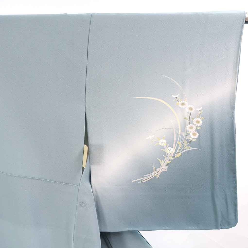 訪問着 リサイクル着物 身丈158cm 裄64cm 前幅24cm 後幅30cm 袖丈49cm 袖幅33cm レディース 袷 童 裄Mサイズ 秋冬春用 正絹（シルク）ブルー 未使用品 リメイク リユース【ランクS】