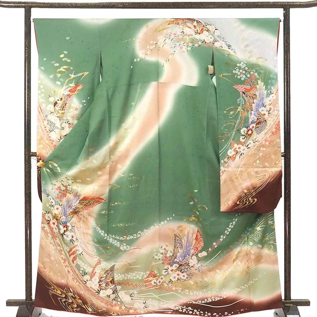 振袖 リサイクル着物 身丈166cm 裄66cm 前幅24cm 後幅29.5cm 袖丈106cm 袖幅34cm レディース 袷 花柄 裄長 裄M-Lサイズ 秋冬春用 正絹(シルク)グリーン トールサイズ やや難 リメイク リユース【ランクB】