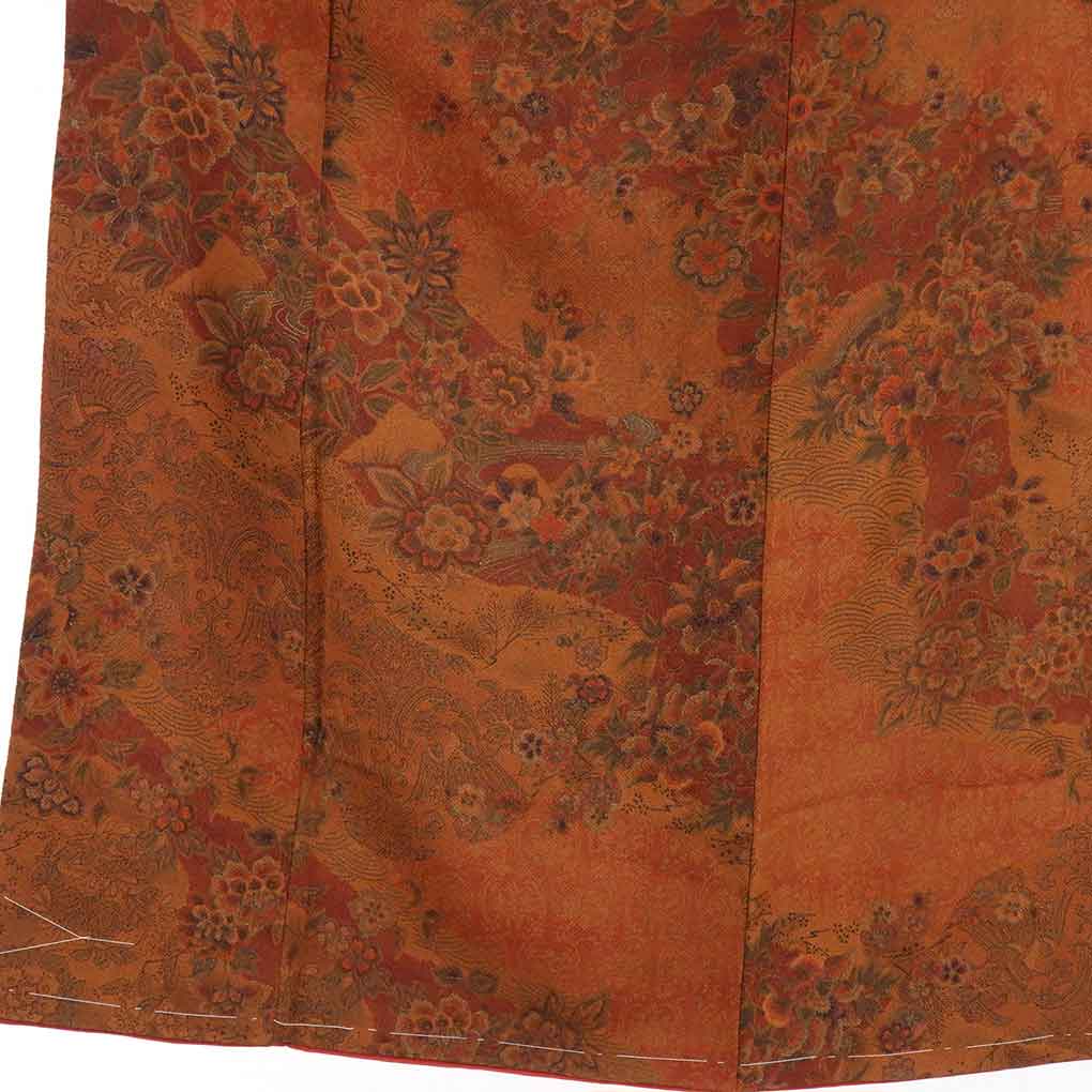【在庫処分】リサイクル着物 小紋 / 正絹茶色地花柄袷小紋着物未使用品 レディース 秋冬春用 シルク100％ ブラウン 裄Mサイズ身丈157cm 裄64cm 前幅24cm 後幅29cm 袖丈48cm【ランクS】