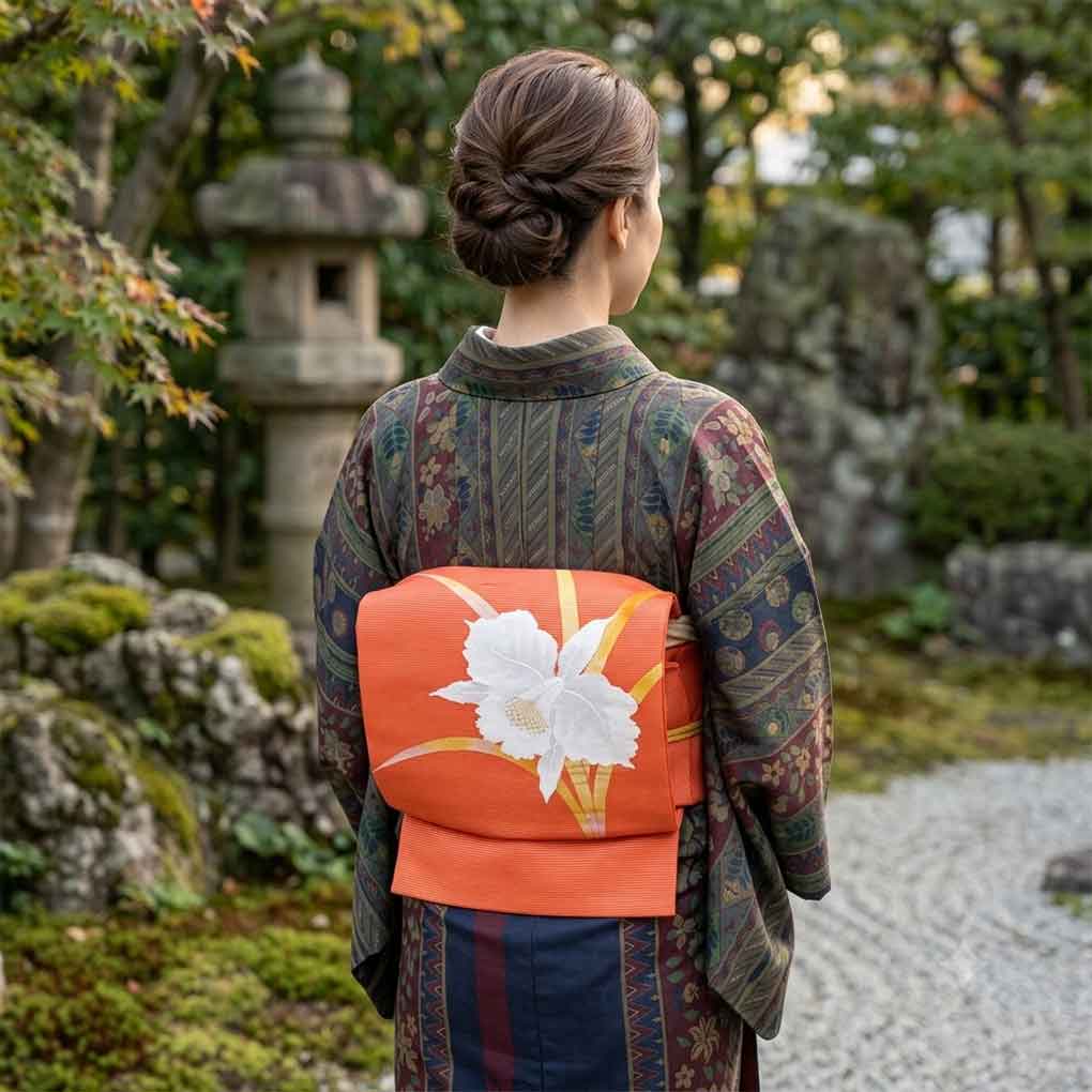 名古屋帯 リサイクル帯 幅30.5cm 長さ360cm レディース 花柄 夏用 正絹（シルク）オレンジ やや難 リメイク リユース【ランクB】