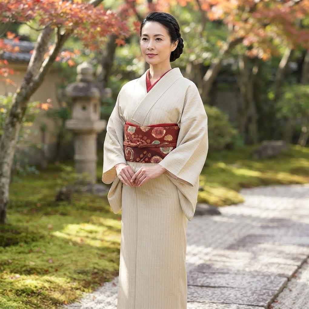 紬 リサイクル着物 身丈153cm 裄65cm 前幅23cm 後幅29cm 袖丈47cm 袖幅34cm レディース 袷 縦縞 裄Mサイズ 秋冬春用 正絹（シルク）ブラウン やや難 リメイク リユース【ランクB】