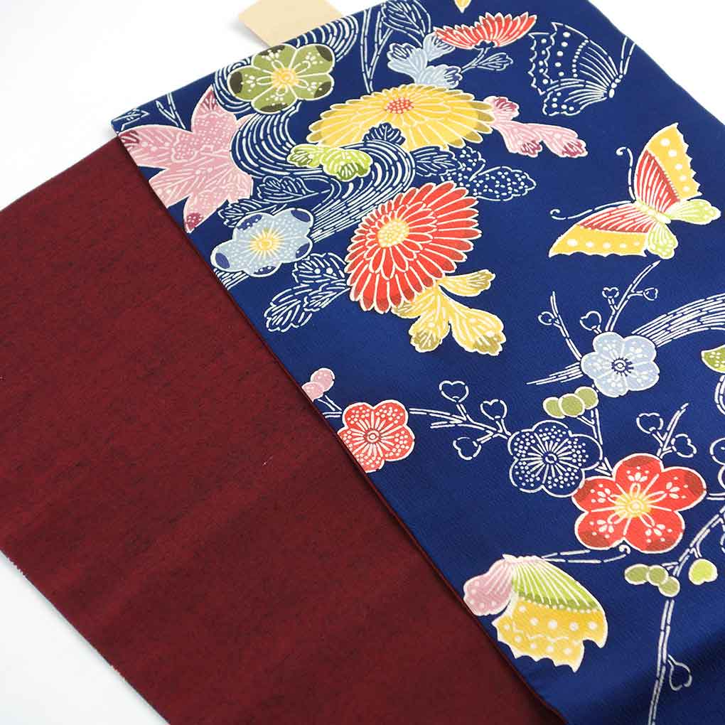 京袋帯 リサイクル帯 幅30cm 長さ363cm レディース 花柄 秋冬春用 正絹(シルク)ネイビー 美品 リメイク リユース【ランクA】