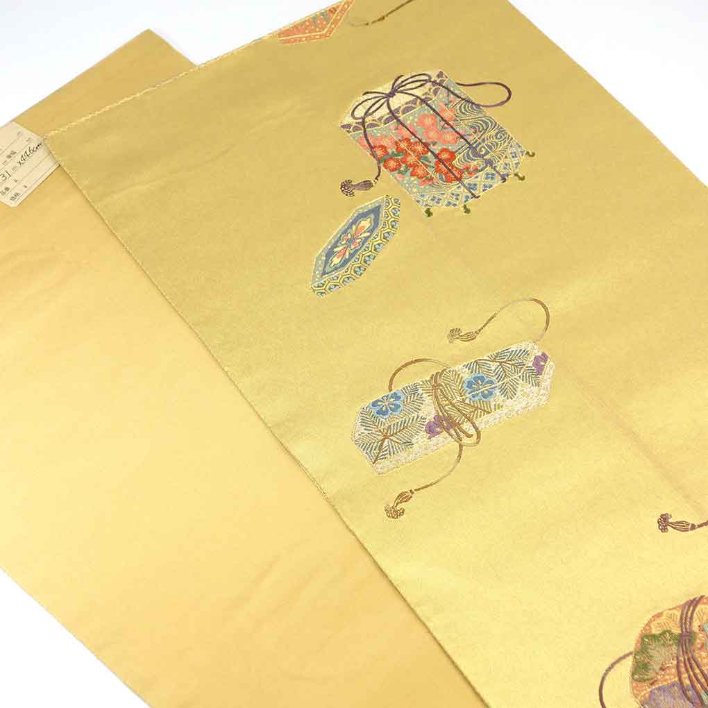袋帯 リサイクル帯 幅31cm 長さ446cm レディース 貝桶 秋冬春用 正絹(シルク)ゴールド 美品 リメイク リユース【ランクA】
