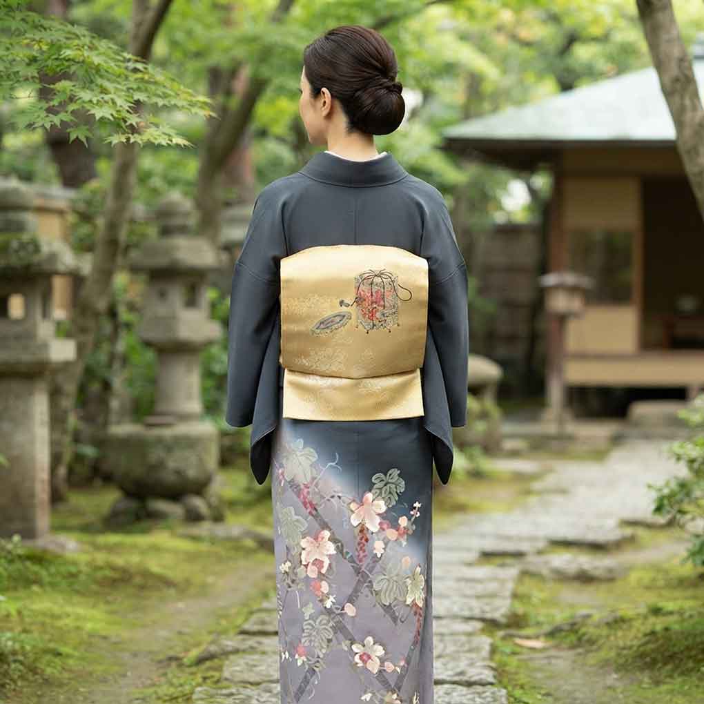 袋帯 リサイクル帯 幅31cm 長さ446cm レディース 貝桶 秋冬春用 正絹(シルク)ゴールド 美品 リメイク リユース【ランクA】