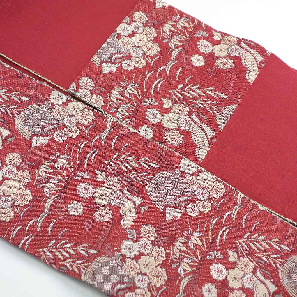 名古屋帯 リサイクル帯 幅31cm 長さ333cm レディース 花柄 秋冬春用 正絹（シルク）レッド 美品 リメイク リユース【ランクA】