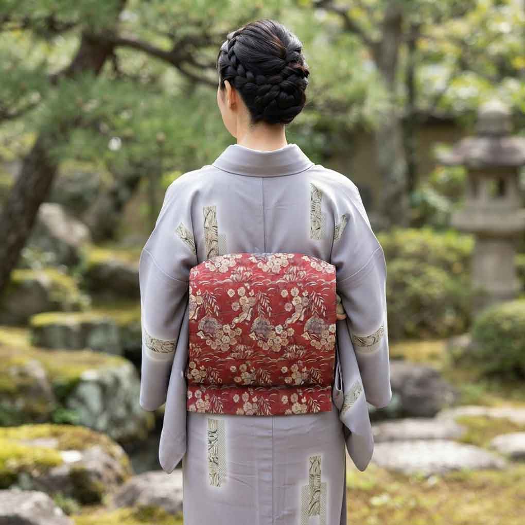 名古屋帯 リサイクル帯 幅31cm 長さ333cm レディース 花柄 秋冬春用 正絹（シルク）レッド 美品 リメイク リユース【ランクA】
