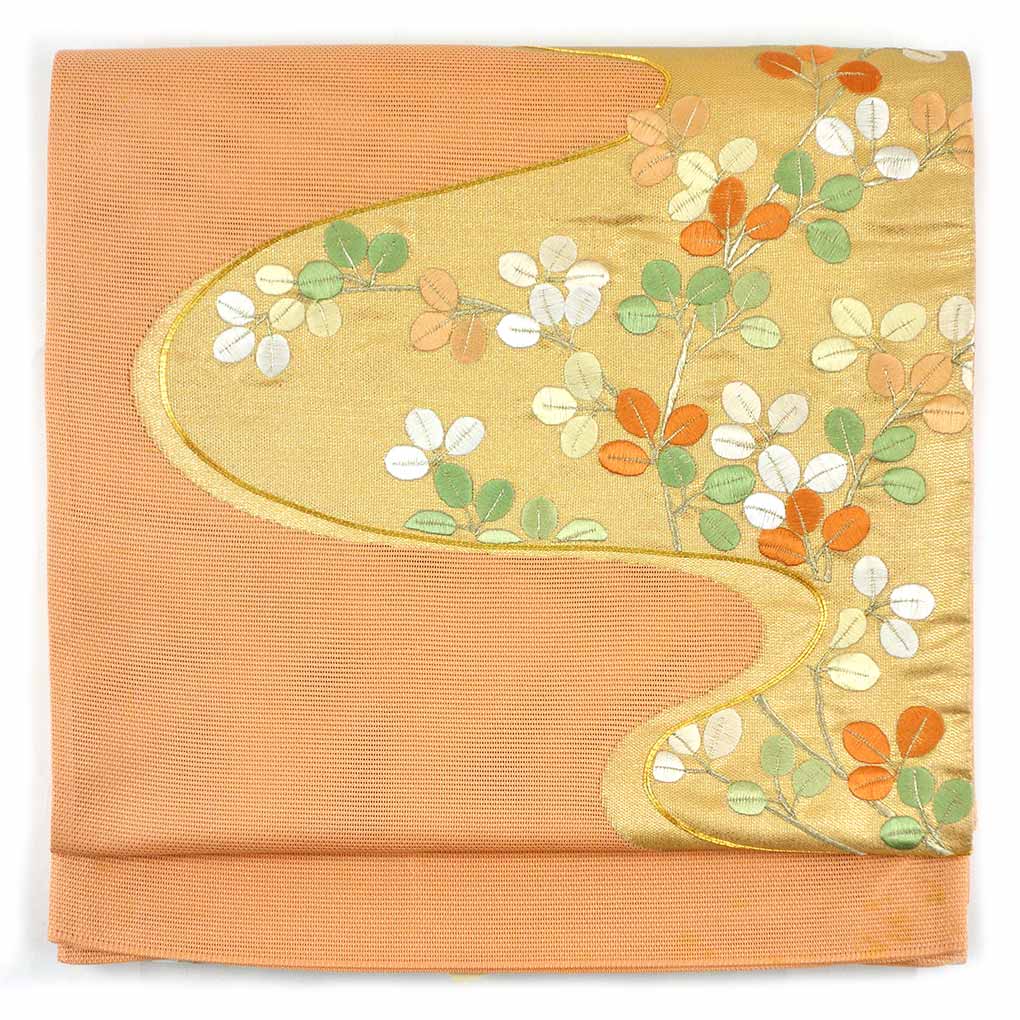 袋帯 リサイクル帯 幅30cm 長さ452cm レディース 萩柄 夏用 正絹（シルク）オレンジ 美品 リメイク リユース【ランクA】