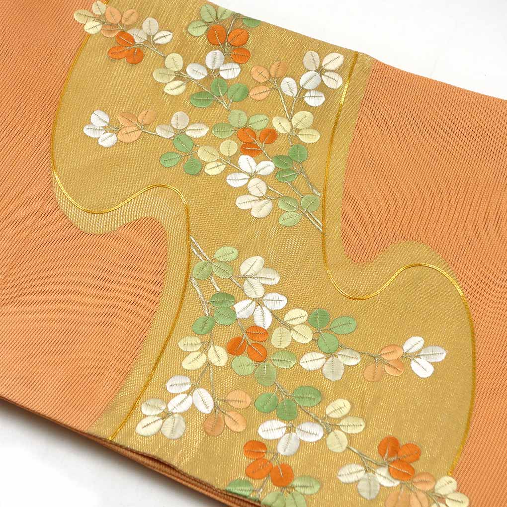 袋帯 リサイクル帯 幅30cm 長さ452cm レディース 萩柄 夏用 正絹（シルク）オレンジ 美品 リメイク リユース【ランクA】