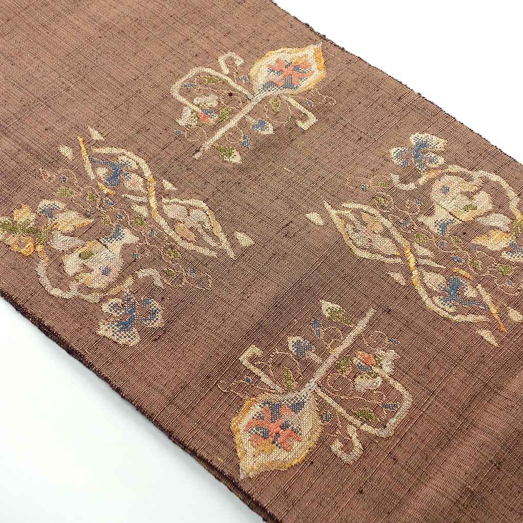 名古屋帯 リサイクル帯 幅31cm 長さ353cm レディース 花柄 秋冬春用 正絹(シルク)ブラウン 美品 リメイク リユース【ランクA】