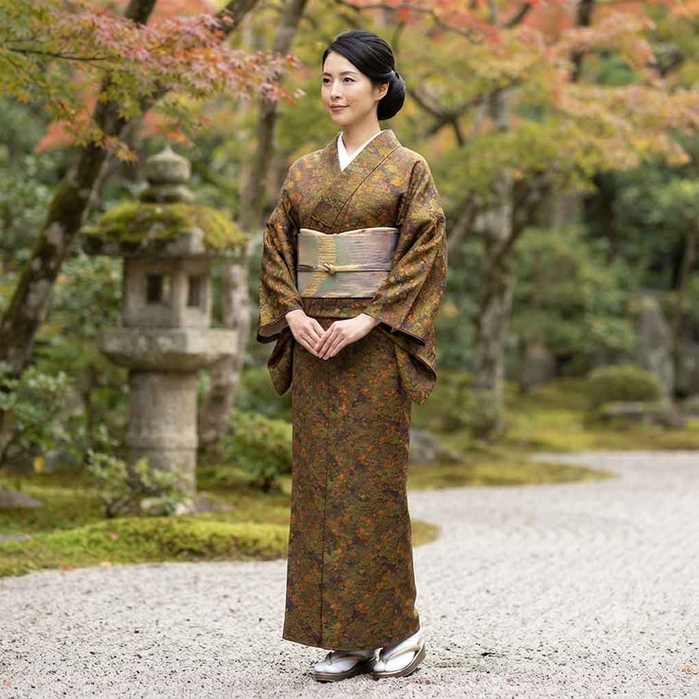 小紋 リサイクル着物 身丈164cm 裄65cm 前幅24cm 後幅29.5cm 袖丈49cm 袖幅33cm レディース 袷 花柄 裄Mサイズ 秋冬春用 正絹（シルク）ブラウン トールサイズ 未使用品 リメイク リユース【ランクS】