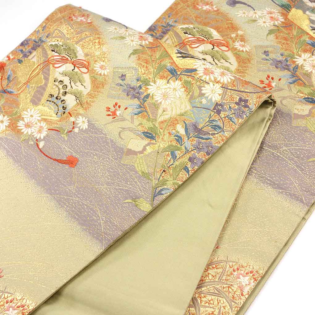 袋帯 リサイクル帯 幅30.5cm 長さ444cm レディース 鴛鴦 秋冬春用 正絹（シルク）グリーン やや難 リメイク リユース【ランクB】