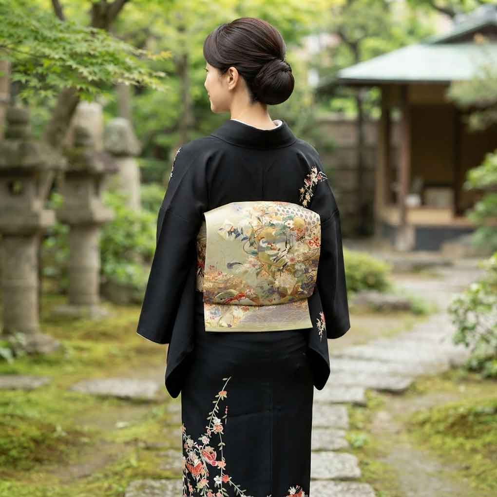 袋帯 リサイクル帯 幅30.5cm 長さ444cm レディース 鴛鴦 秋冬春用 正絹（シルク）グリーン やや難 リメイク リユース【ランクB】