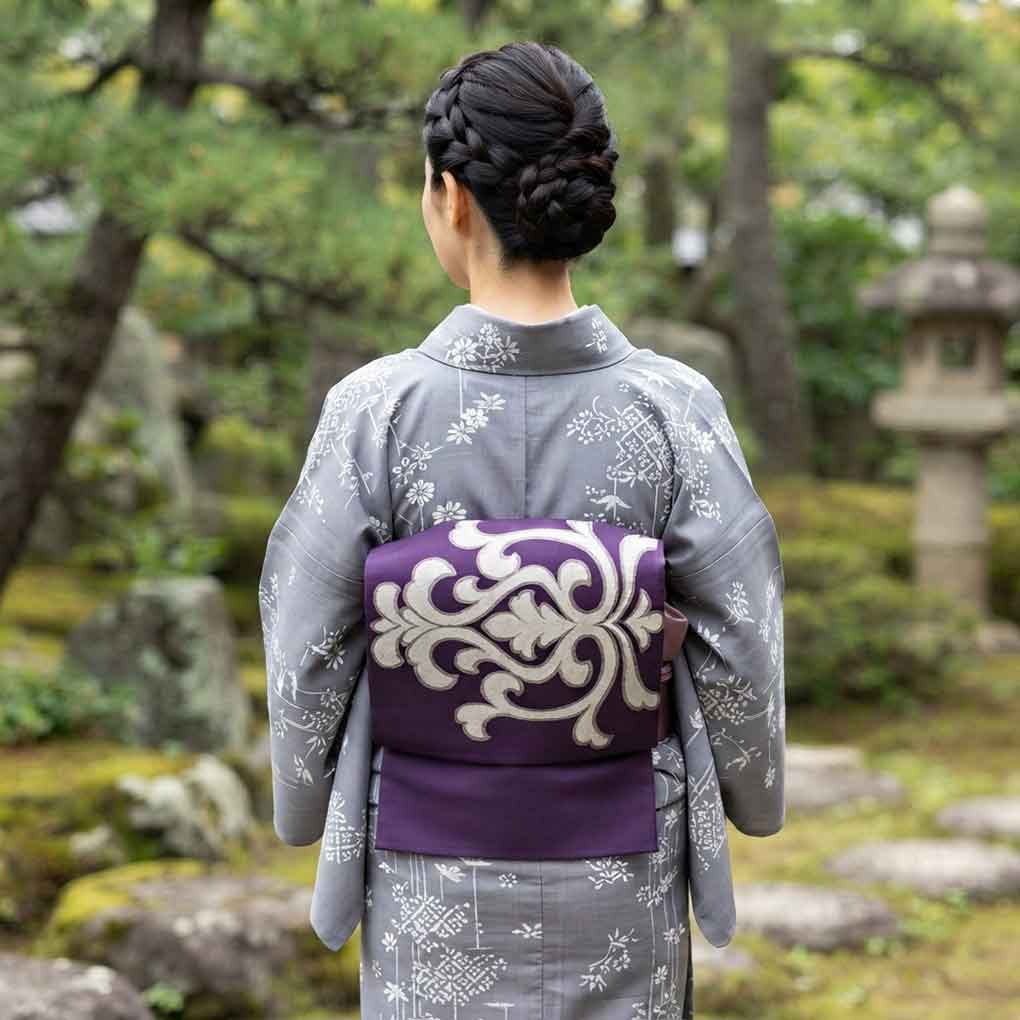 名古屋帯 リサイクル帯 幅30cm 長さ352cm レディース 抽象柄 秋冬春用 正絹(シルク)パープル 美品 リメイク リユース【ランクA】