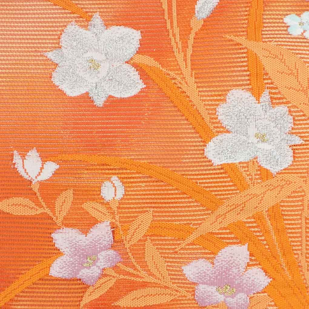 名古屋帯 リサイクル帯 幅31cm 長さ360cm レディース 花柄 夏用 正絹(シルク)オレンジ 美品 リメイク リユース【ランクA】