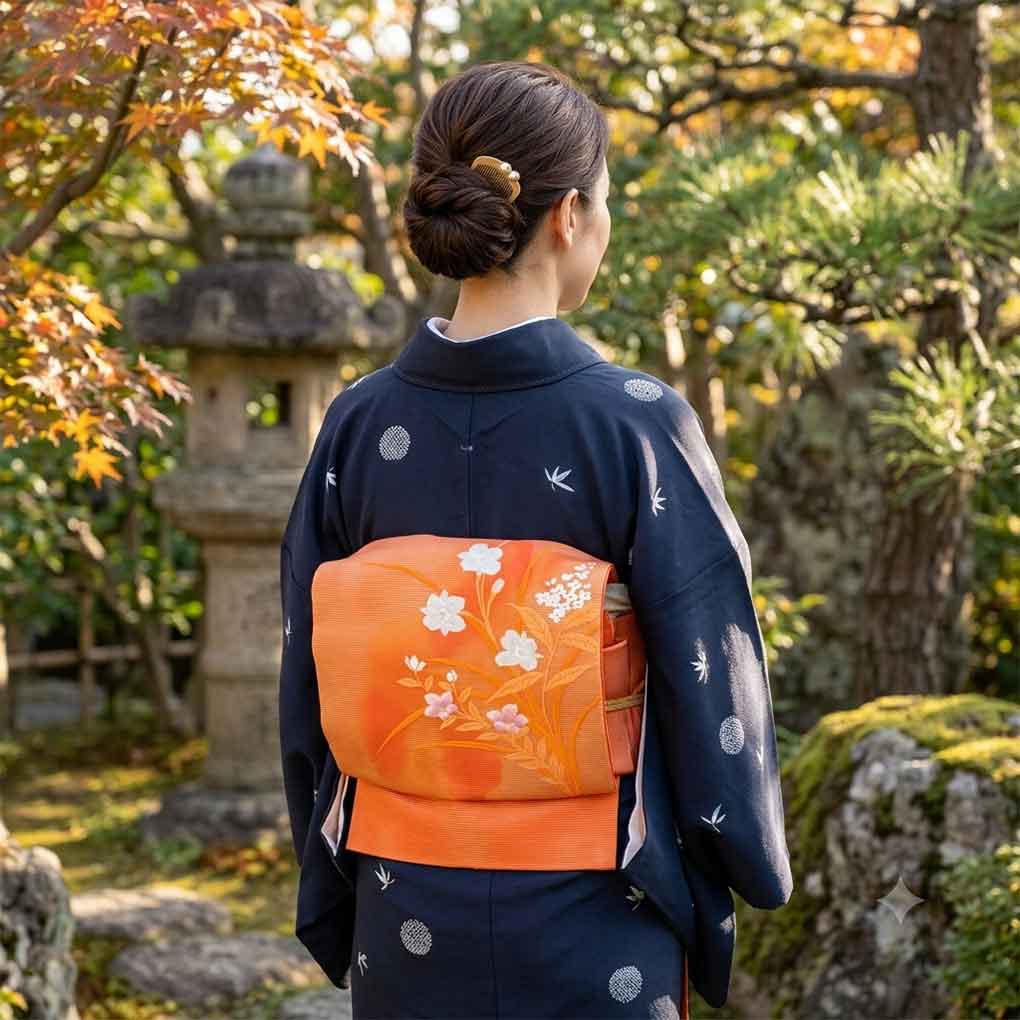 名古屋帯 リサイクル帯 幅31cm 長さ360cm レディース 花柄 夏用 正絹(シルク)オレンジ 美品 リメイク リユース【ランクA】