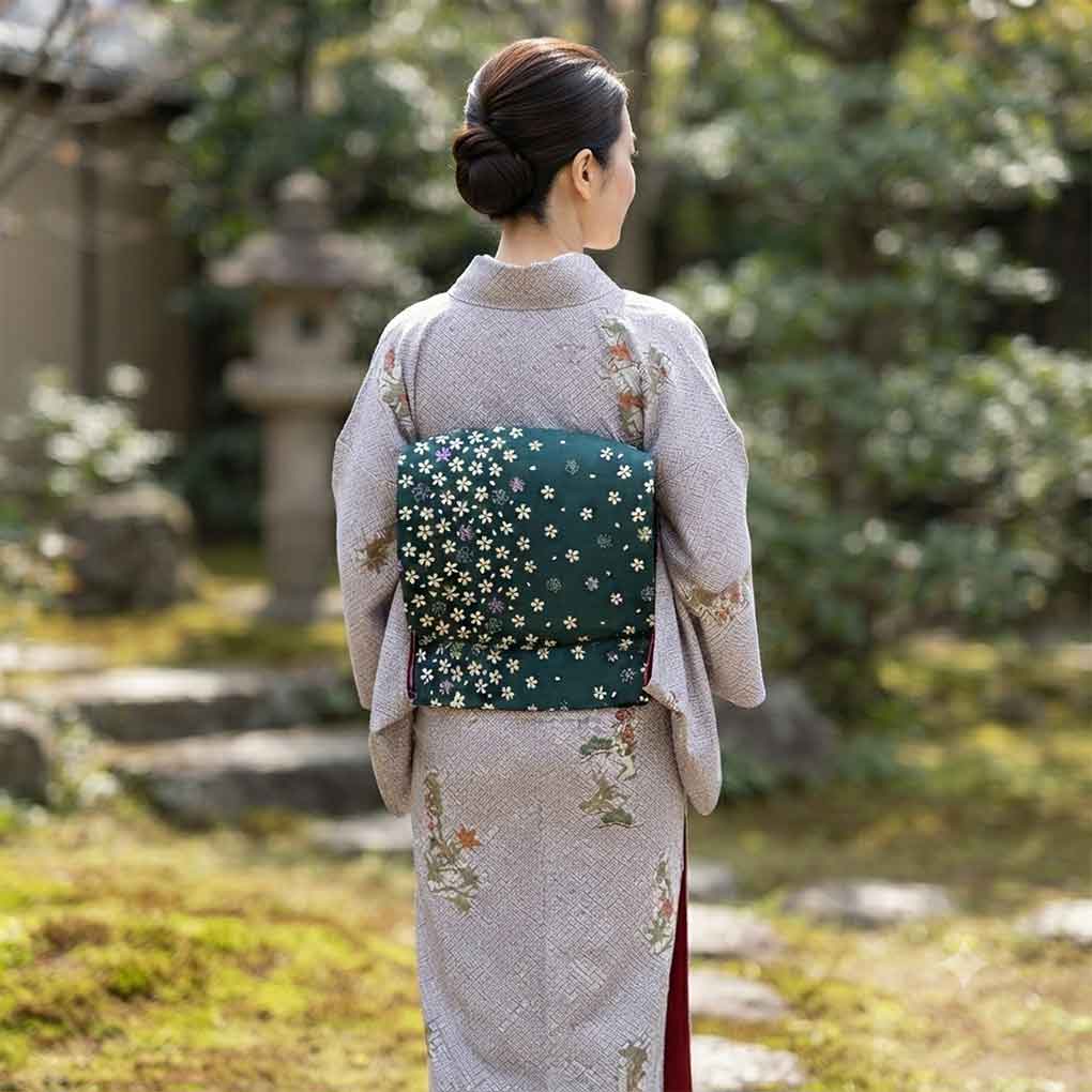 京袋帯 リサイクル帯 幅31cm 長さ394cm レディース 笹 秋冬春用 ポリエステル グリーン やや難 リバーシブル リメイク リユース【ランクB】
