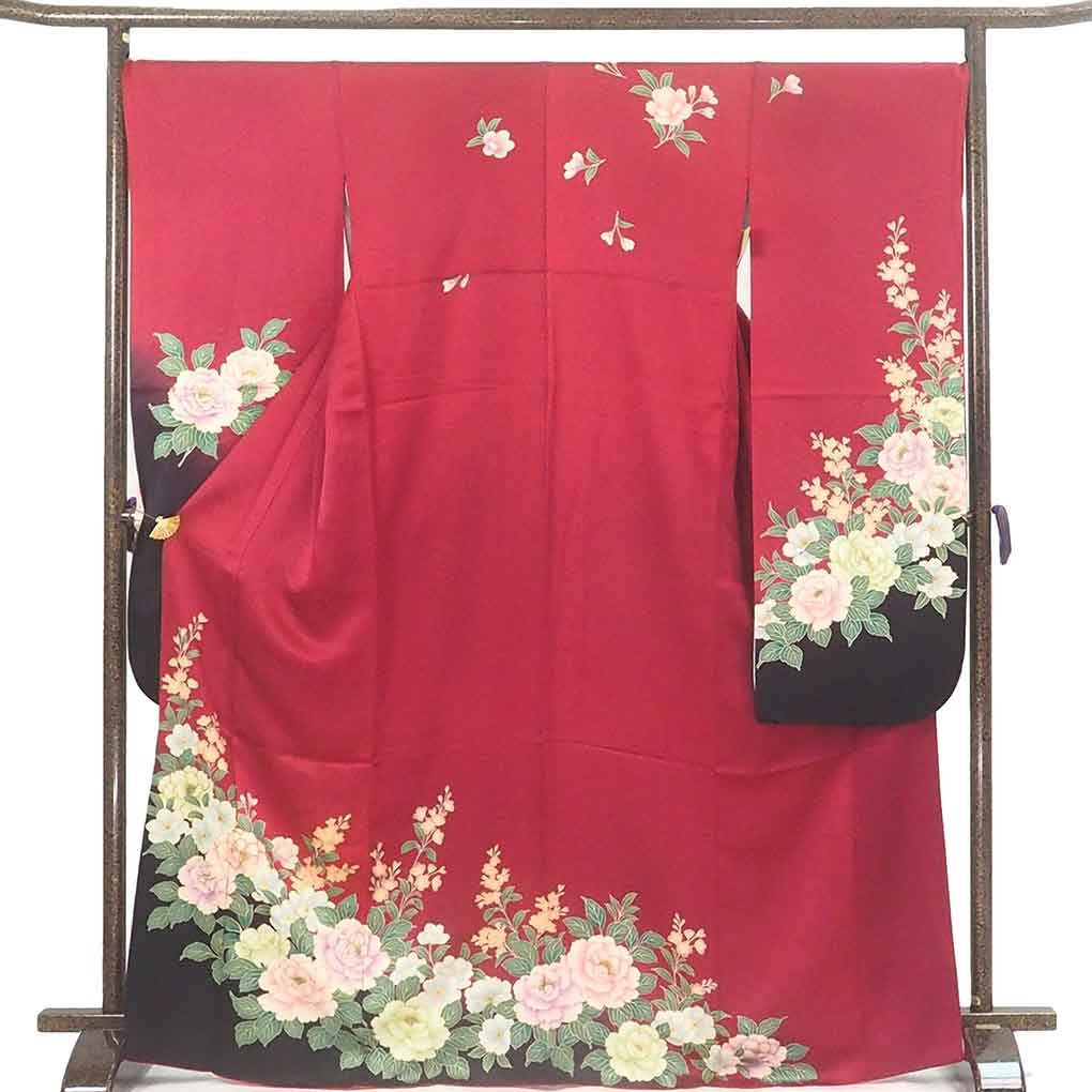 振袖 リサイクル着物 身丈170cm 裄69cm 前幅25cm 後幅30cm 袖丈108cm 袖幅35cm レディース 袷 花柄 裄長 裄L-LLサイズ 秋冬春用 正絹(シルク)レッド トールサイズ 美品 リメイク リユース【ランクA】