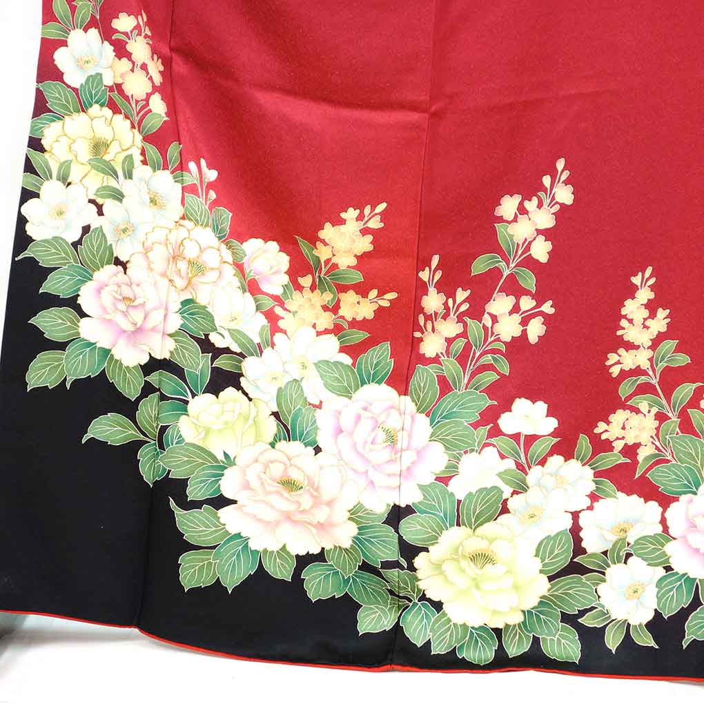 振袖 リサイクル着物 身丈170cm 裄69cm 前幅25cm 後幅30cm 袖丈108cm 袖幅35cm レディース 袷 花柄 裄長 裄L-LLサイズ 秋冬春用 正絹(シルク)レッド トールサイズ 美品 リメイク リユース【ランクA】