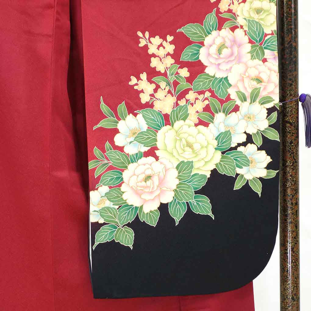 振袖 リサイクル着物 身丈170cm 裄69cm 前幅25cm 後幅30cm 袖丈108cm 袖幅35cm レディース 袷 花柄 裄長 裄L-LLサイズ 秋冬春用 正絹(シルク)レッド トールサイズ 美品 リメイク リユース【ランクA】