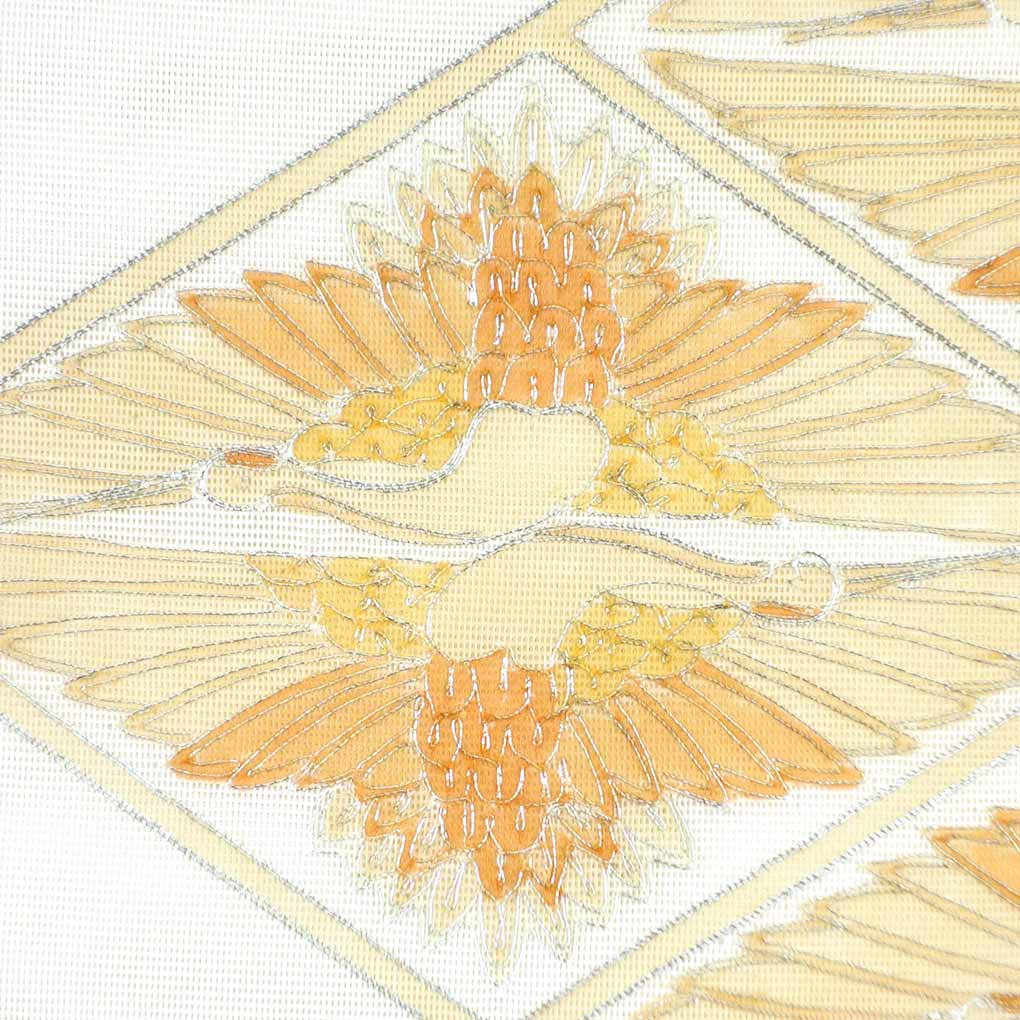 袋帯 リサイクル帯 幅31cm 長さ435cm レディース 対い鶴 夏用 正絹（シルク）ホワイト 美品 リメイク リユース【ランクA】