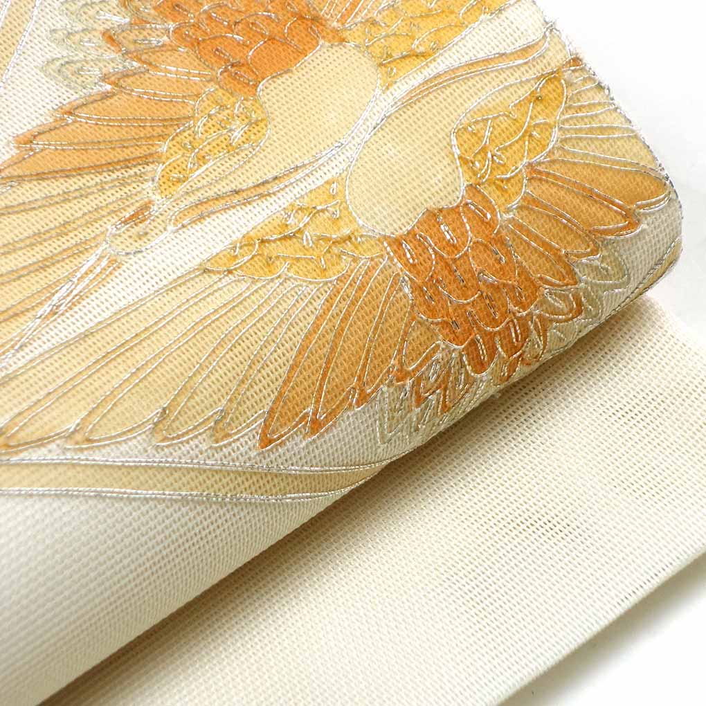 袋帯 リサイクル帯 幅31cm 長さ435cm レディース 対い鶴 夏用 正絹（シルク）ホワイト 美品 リメイク リユース【ランクA】