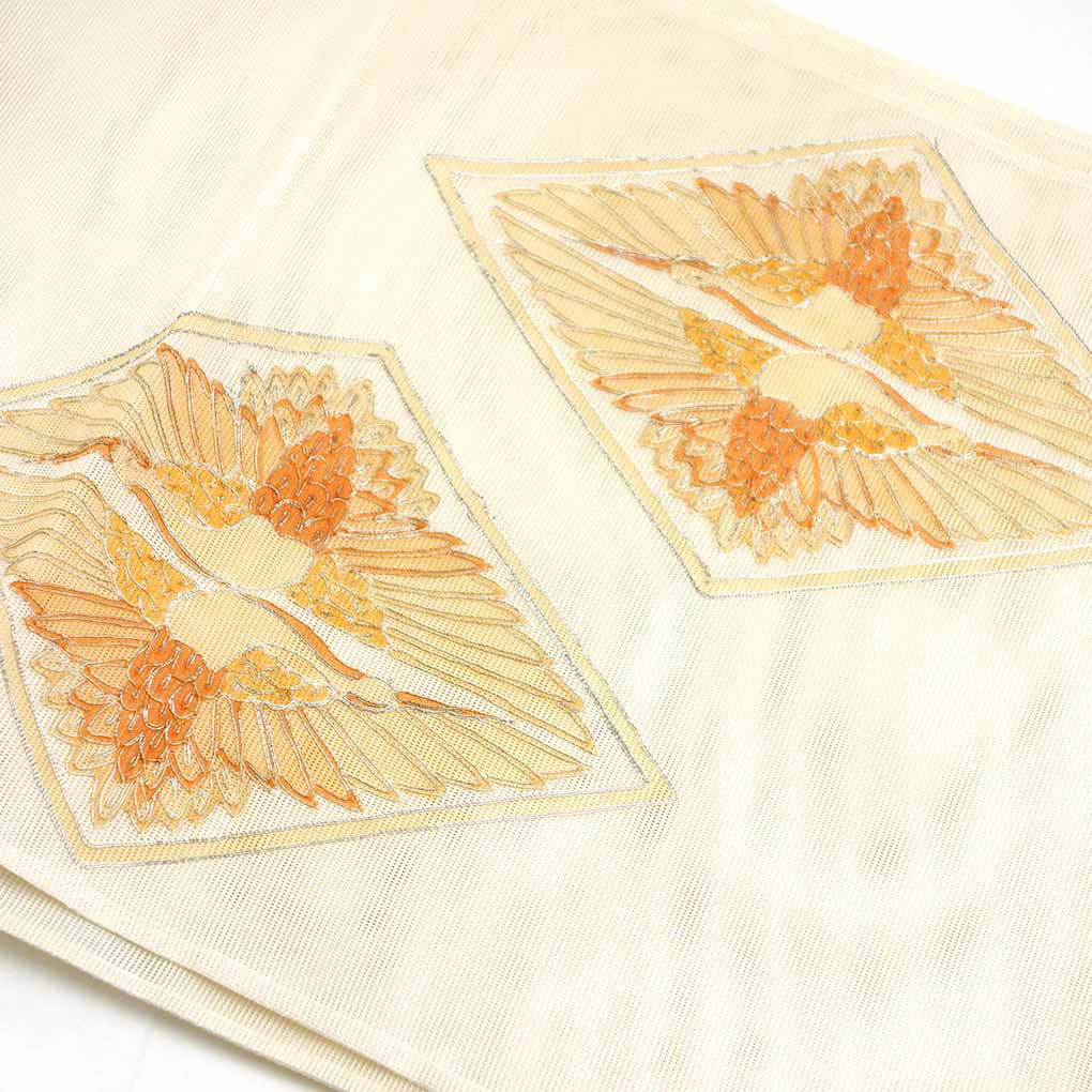 袋帯 リサイクル帯 幅31cm 長さ435cm レディース 対い鶴 夏用 正絹（シルク）ホワイト 美品 リメイク リユース【ランクA】