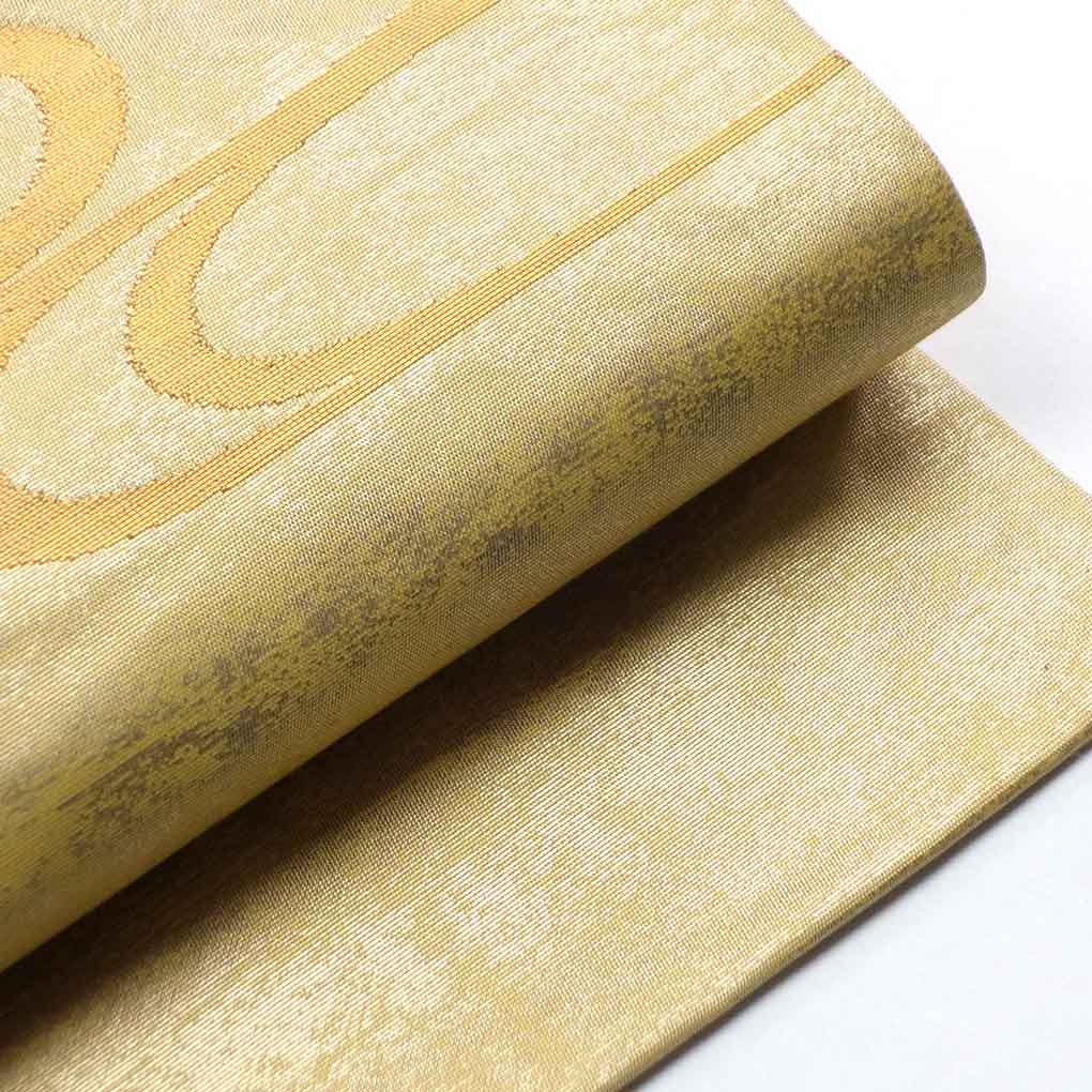 名古屋帯 リサイクル帯 幅30cm 長さ355cm レディース 流水 秋冬春用 正絹(シルク)イエロー 美品 リメイク リユース【ランクA】