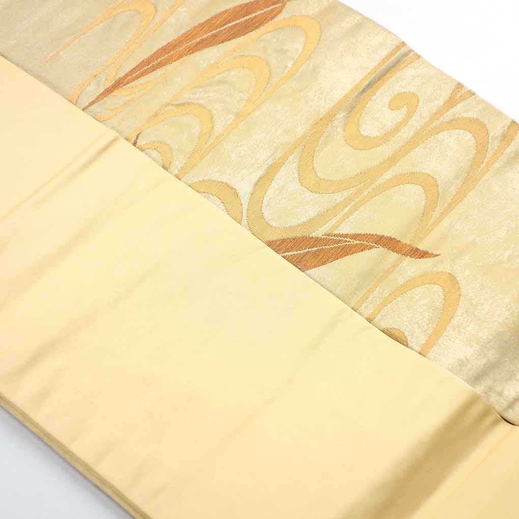名古屋帯 リサイクル帯 幅30cm 長さ355cm レディース 流水 秋冬春用 正絹(シルク)イエロー 美品 リメイク リユース【ランクA】