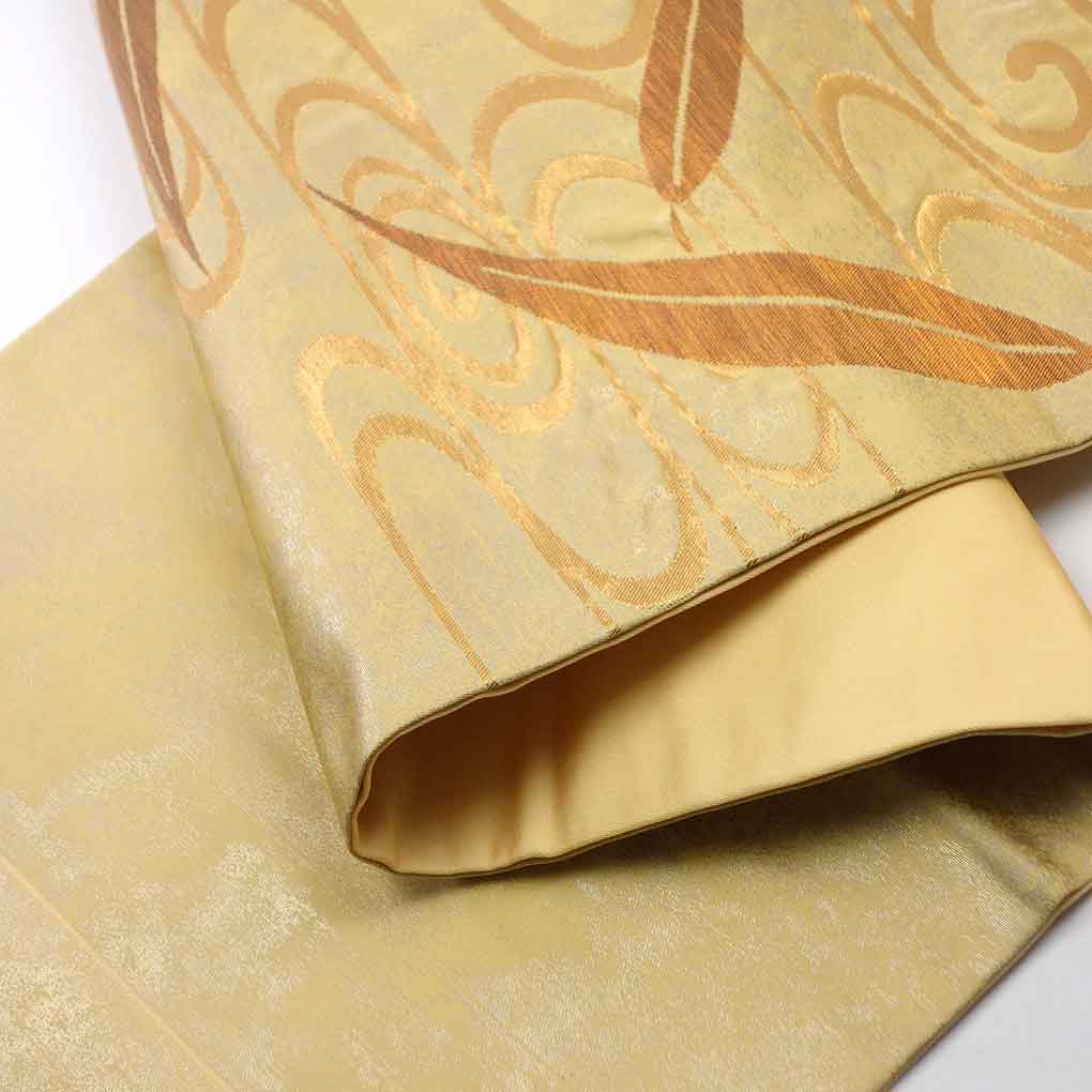 名古屋帯 リサイクル帯 幅30cm 長さ355cm レディース 流水 秋冬春用 正絹(シルク)イエロー 美品 リメイク リユース【ランクA】