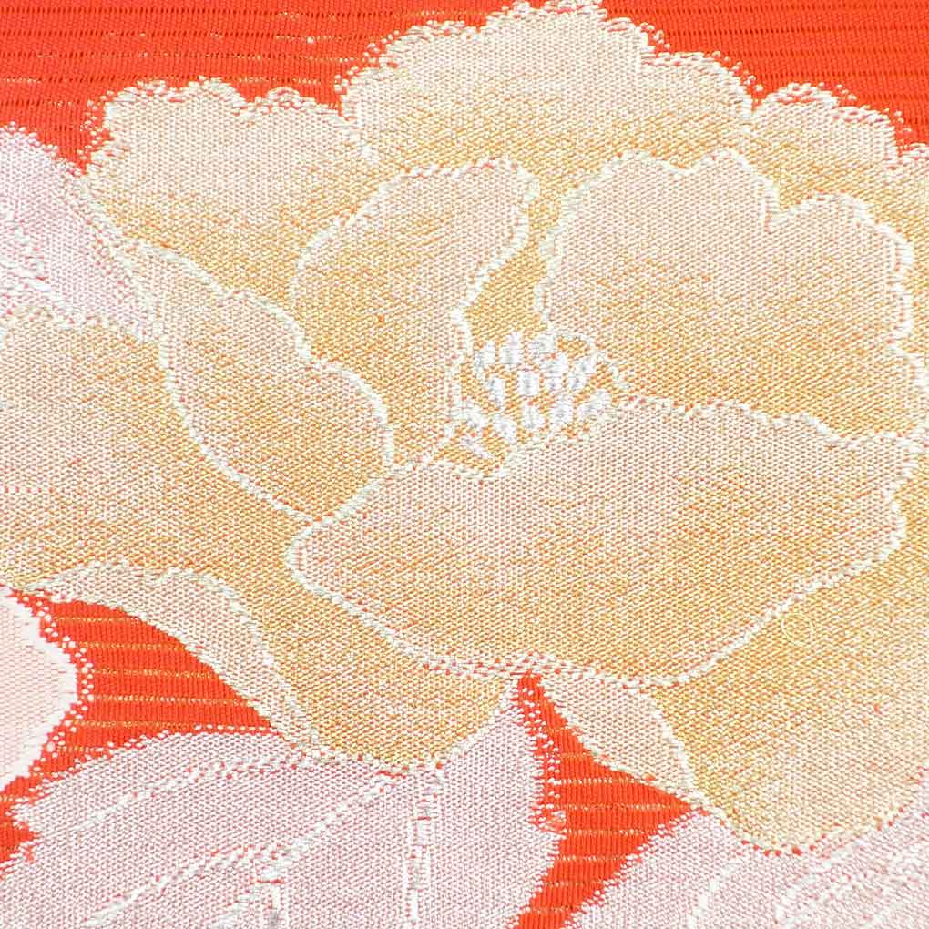 名古屋帯 リサイクル帯 幅29cm 長さ343cm レディース 花柄 夏用 正絹（シルク）オレンジ 美品 リメイク リユース【ランクA】